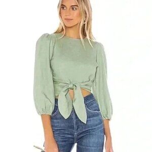 CAPULET | Anais Wrap Linen Blend Crop Top | Sage Green 3/4 Sleeve | Sz M